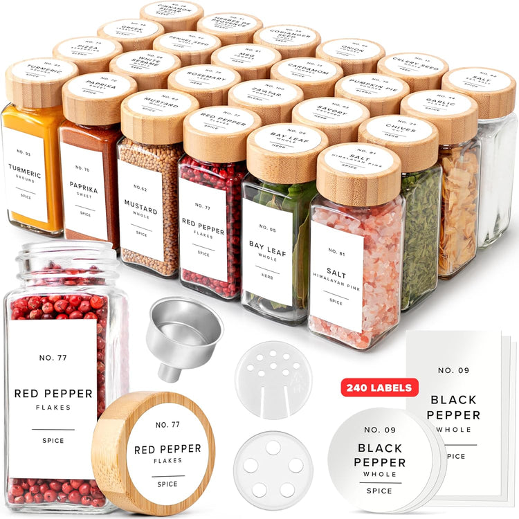 Square Spice Jars with Bamboo Wooden Lid (Pack of 24) Spice Jars with Shaker Insert and 240 Labels - Bamboo Lid Glass Container for Spice Organisation [4.3 in × 1.8 in]