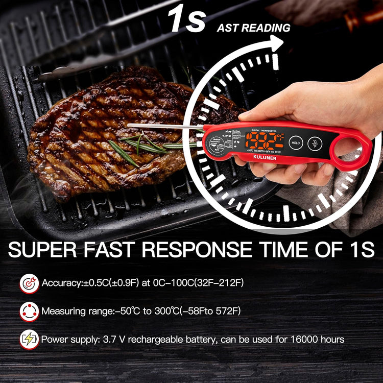 KULUNER 1-Second Rapid and Accurate Meat Thermometer - Waterproof Multifunctional Kitchen Food Thermometer, Ideal for Frying, Smoking, Grilling and More(Red)