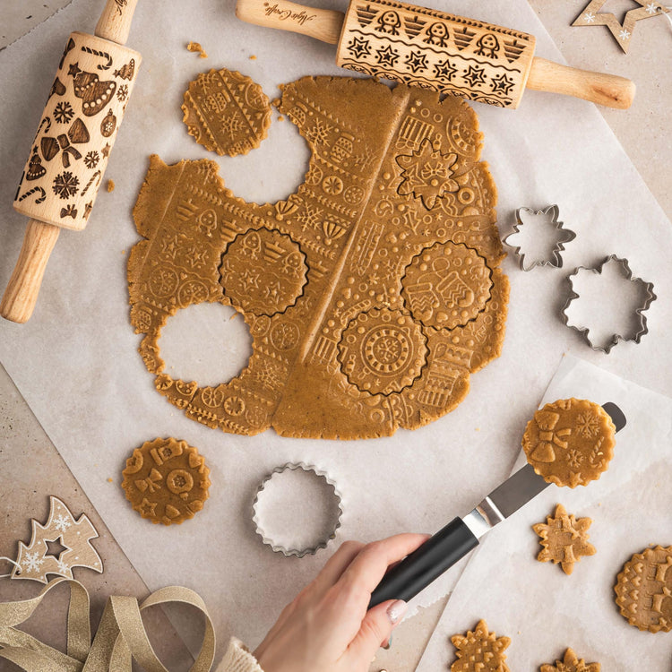 CHRISTMAS FUN 3 Kid Rolling Pin Set. Wooden Laser Cut Embossing Cut Mini Rolling Pins for Embossed Cookies. Gift for Kid