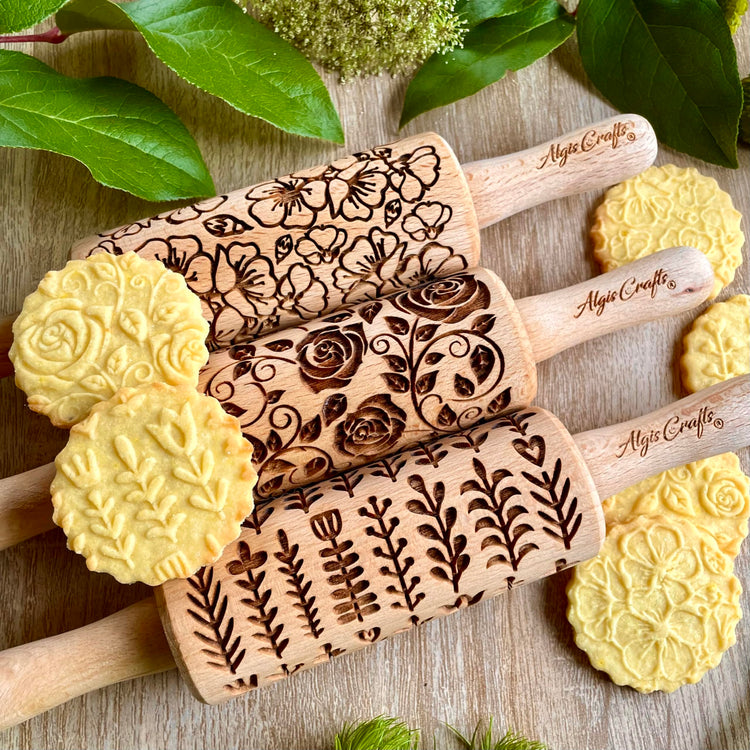 GARDEN BLOSSOMS 3 Small Size Embossed Rolling Pin Set. Wooden Laser Engraved Embossing Dough Roller for Embossed Cookies Gift for Birthday