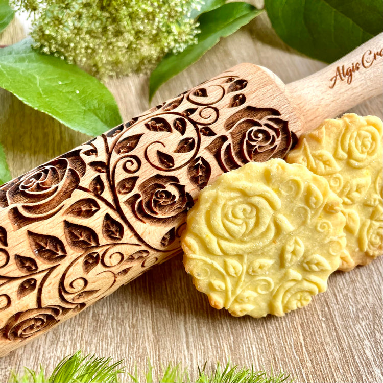 GARDEN BLOSSOMS 3 Small Size Embossed Rolling Pin Set. Wooden Laser Engraved Embossing Dough Roller for Embossed Cookies Gift for Birthday