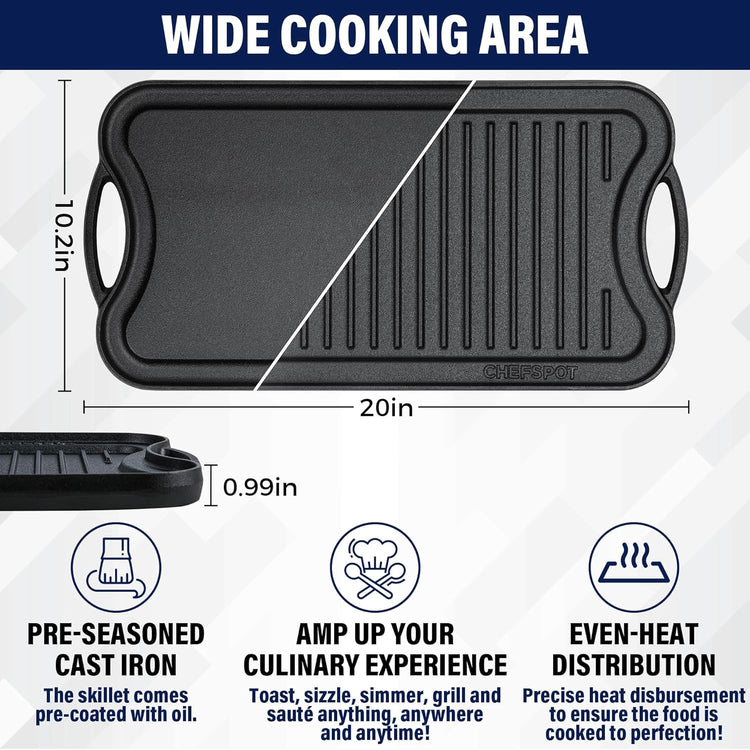 Griddle Pan for Stove Top – 20" Reversible Cast Iron Double Burner Griddle Plate, Multi-Use Preseasoned Pancake Pan with Handles - Works on most Stovetops, Grills, and Fire - Nestoria