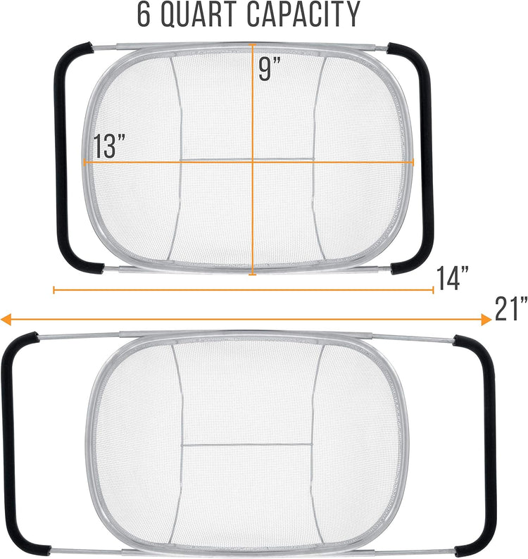 U.S. Kitchen Supply Stainless Steel Colander Strainer - 6-Quart Collapsible Colander with Expandable Rubber Handles - Rectangular Sieve, Fine Mesh Stainless Steel Strainers and Colanders for Kitchen