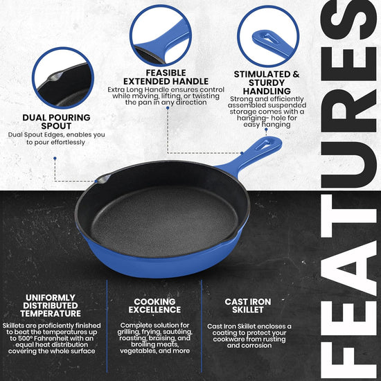 Utopia Kitchen Pre Seasoned Chefs Pan Skillet Frying Safe Grill Cookware for indoor & Outdoor Use (Blue, 8 Inch Pack of 1 - Nestoria