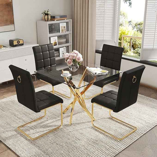 AF ARTISAN FURNITURE 5 Piece Square Glass Dining Table Set, Gold Glass Kitchen Table Set for 4 Modern Table Set with 4 Black PU Upholstered Dining Chairs, for Small Space, Breakfast Nook