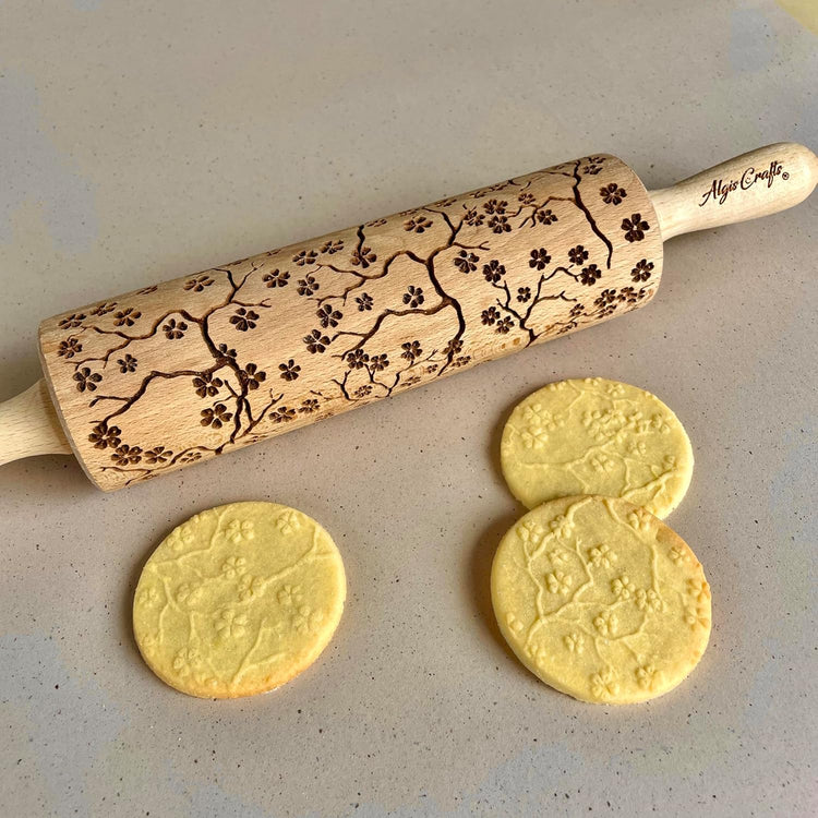 SAKURA TREE Embossing Rolling Pin with Blooming Sakura Flowers Pattern. Dough and Clay Roller for Embossed Cookies Fondant Pottery. Cookie and Ceramic Stamp. Backing Gifts for Women by Algis Crafts