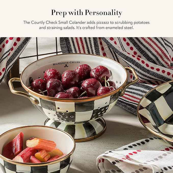 MACKENZIE-CHILDS Enamel Colander, Decorative Kitchen Strainer, Small, Black-and-White Courtly Check