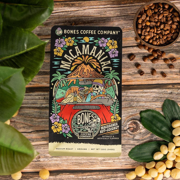 Bones Coffee Company Macamaniac, Macadamia and Coconut Flavored Coffee, Medium Roast Low Acid Arabica Beans Compatible with Auto drip and French Press Coffee Maker, 12 Oz Whole Bean