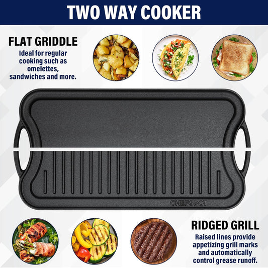 Griddle Pan for Stove Top – 20" Reversible Cast Iron Double Burner Griddle Plate, Multi-Use Preseasoned Pancake Pan with Handles - Works on most Stovetops, Grills, and Fire - Nestoria