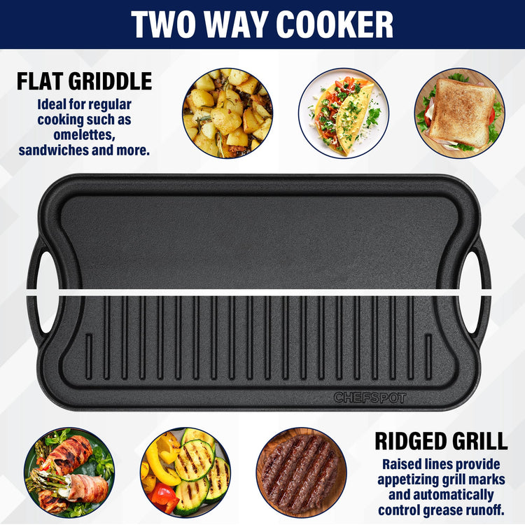 20" Reversible Cast Iron Griddle Grill Pan Double Burner Stovetop