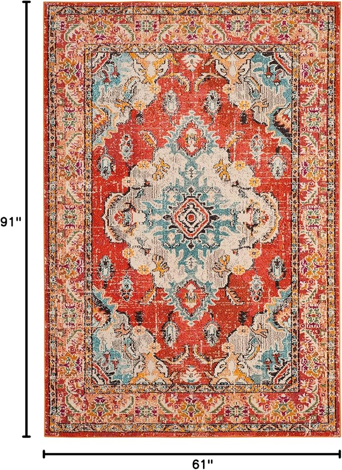 SAFAVIEH Monaco Collection Area Rug - 5'1" x 7'7", Orange & Light Blue, Non-Shedding & Easy to Clean, Distressed Medallion Design, Ideal for Living Room, Bedroom, Dining Space (MNC243H)