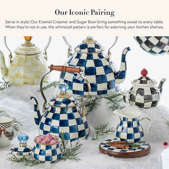 MACKENZIE-CHILDS Enamel Creamer and Sugar-Bowl Set, Cream Dispenser and Sugar Holder, Unique Kitchen Decor, Blue-and-White Royal Check