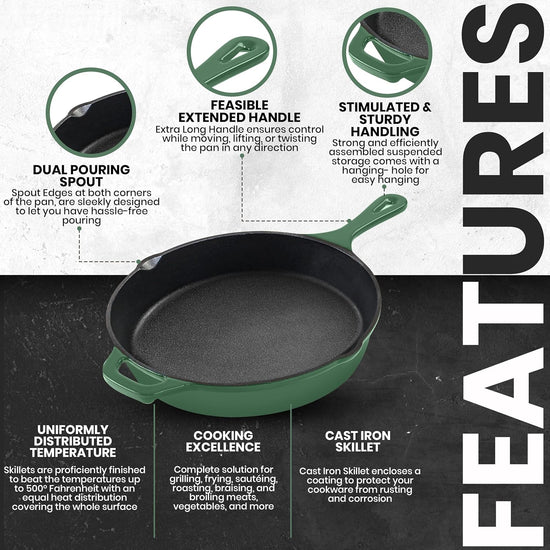 Utopia Kitchen Cast Iron Frying Pan 12.5 Inch, Cast Iron Chefs Pan, Pre Seasoned Skillet, Safe Grill Cookware for Indoor & Outdoor Use, Green - Nestoria