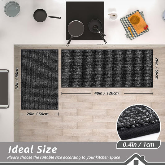BEQHAUSE Kitchen Rugs and Mats 2PCS, Non-Slip Kitchen Mats for Floor, Absorbent and Stain Resistant Kitchen Runner, Machine Washable Rugs for Kitchen, Laundry & Sink, 20"x32"+20"x48", Black