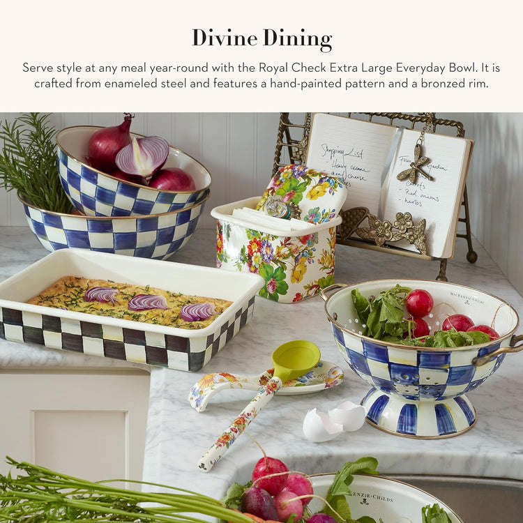 MACKENZIE-CHILDS Enamel Everyday Bowl, Serving Bowl for Entertaining, Extra-Large, Blue-and-White Royal Check, Set of 1