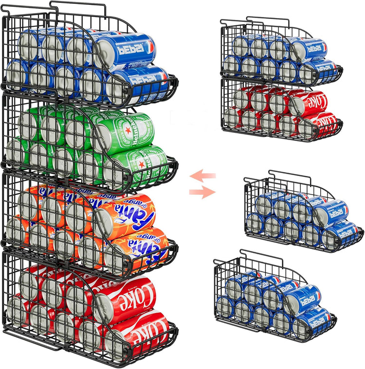 4-Pack Stackable Canned Food Organizer with Handles for Kitchen, Soda Can Organizer for Pantry Shelves, Wire Cabinet Shelf for Can Storage, Foldable Soda Dispenser, Patent Pending, Black