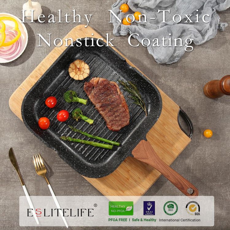 Nonstick Grill Pan with Lid & Tongs for Stove Tops