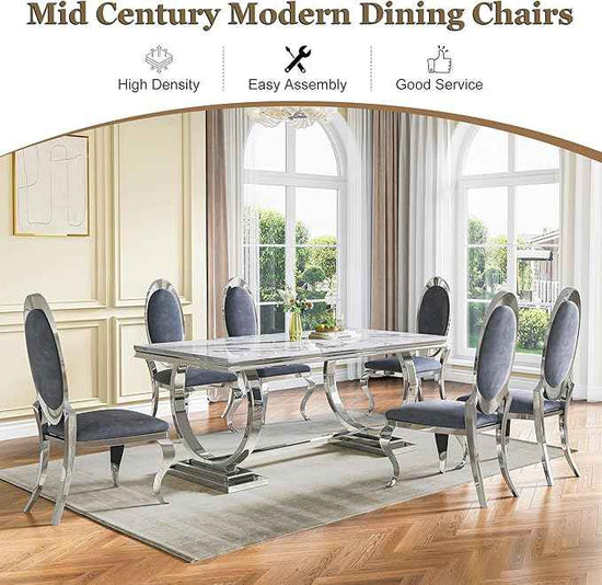Modern Dining Chairs Set of 6, Luxury Velvet Upholstered Armless Dining Room Chair with Mirrored Stainless Steel Silver Legs, Mid Century Accent for Wedding Party Banquet Reception, Grey