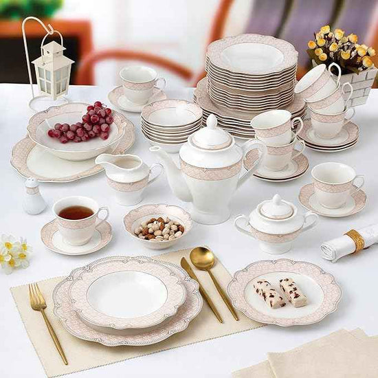 Joseph Sedgh Collection "Sandra" 57-Piece Bone China Dinnerware Set, Service for 8, Blush Pink and Gold