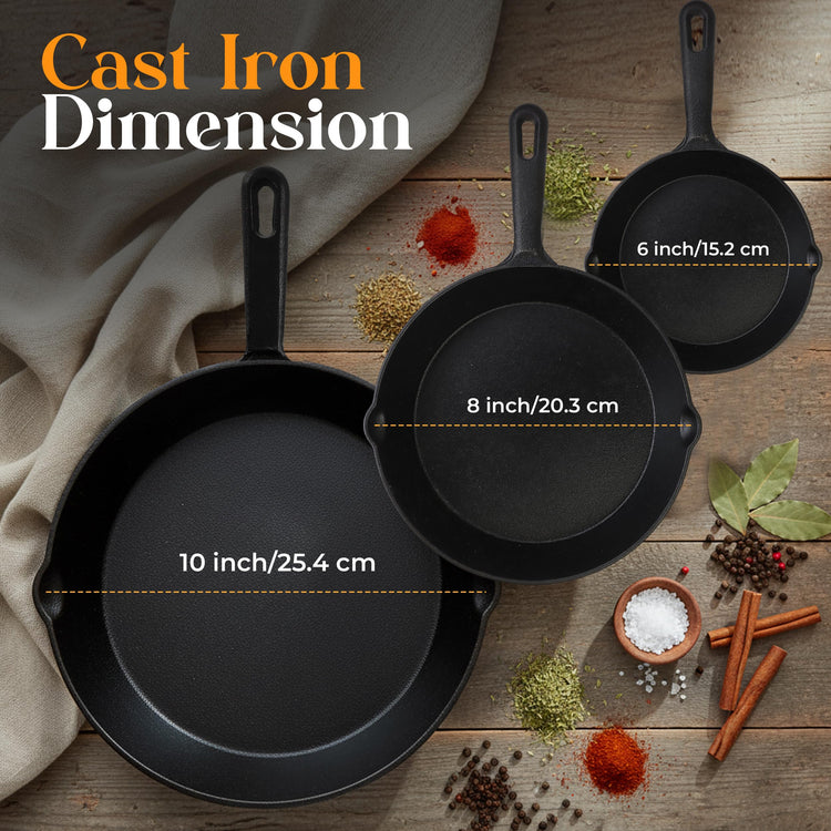 Cast Iron Skillet Set 3 Piece 6 8 10 Inch PFAS (3 Count)