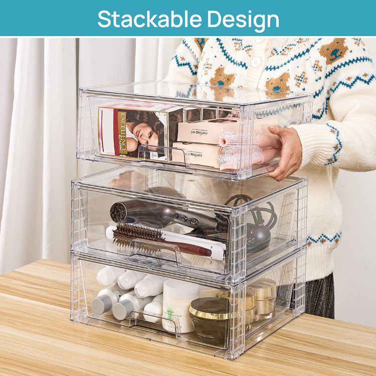 3 Pack Large Clear Stackable Storage Drawers for Closet (3 Count)