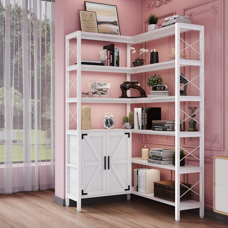 6-Shelf Corner Bookshelf, Vintage Industrial Corner Shelf Etagere Bookcase, Large Book Shelf with Metal Frame Open Storage Corner Cabinet (White-Lockers, Small)