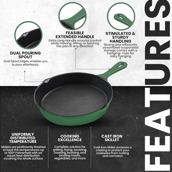 Utopia Kitchen Cast Iron Frying Pan 6.5 Inch, Cast Iron Chefs Pan, Pre Seasoned Skillet, Safe Grill Cookware for Indoor & Outdoor Use, Green - Nestoria