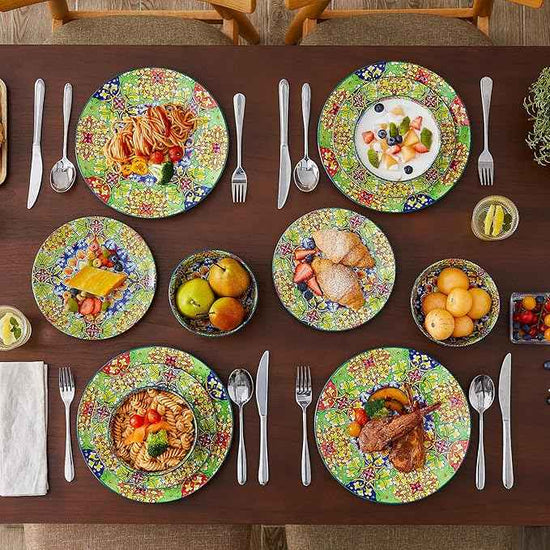 vancasso 12 Pieces Dinnerware Sets, Green Plates and Bowls Set, Porcelain Dishes Set for 4, Microwave and Dishwasher Safe, Scratch Resistant, Bohemian Style Dining Ware Service for 4, Series SIMI