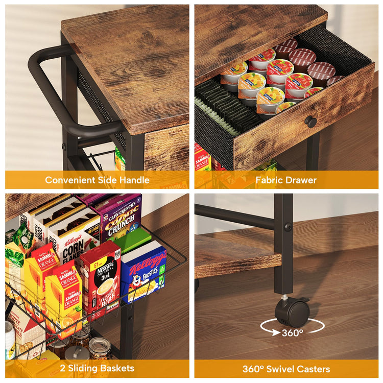 Kitchen Organizer and Storage Cart with Fabric Drawer and Convenient Handle