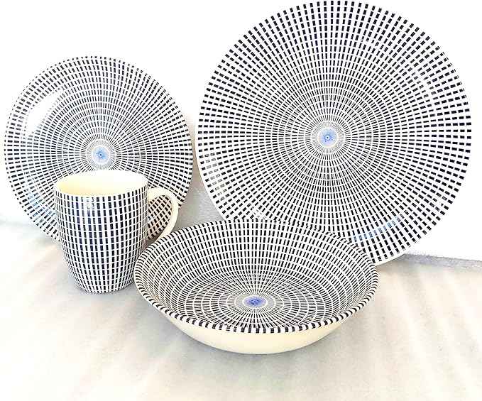 Tudor Royal Collection 24-Piece Round Dinnerware Set, Service for 6, Singapore Design, Blue Spiral, Plates Bowls Mugs Dishes, High-Gloss Premium Quality