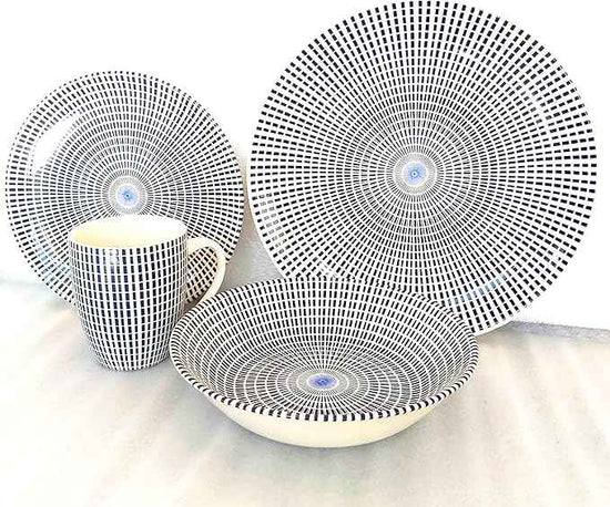 TUDOR ROYAL Porcelain 16-Piece Round Dinnerware Set, Service for 4, Singapore Blue Design, Blue Radial, Plates Bowls Mugs Dishes, Premium Quality Ceramic Tableware, Unique Pattern, Glossy
