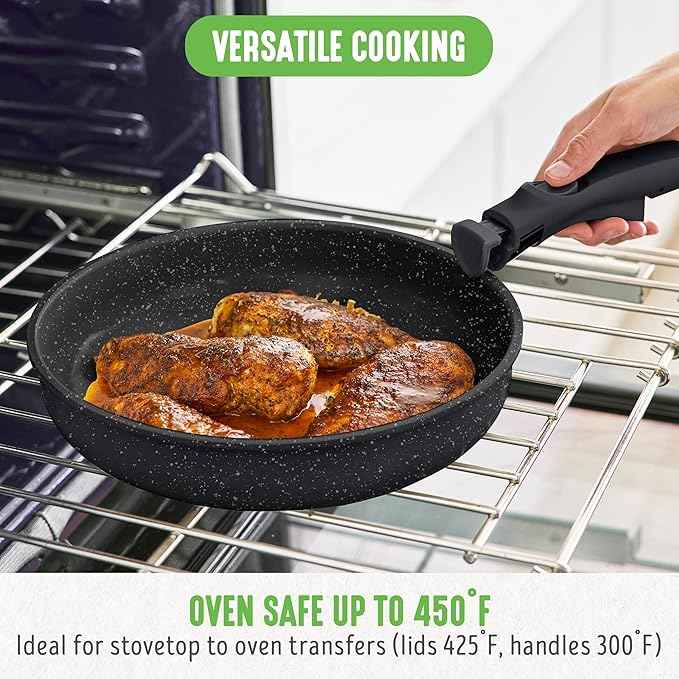 GreenLife 10 Piece Nonstick Pots & Pans Set, Detachable Handle & Stackable Cookware Set, Non Toxic PFAS-Free Skillets, Induction Kitchen Pans, Space Saving, Serving Bowls, Oven Safe, Granite Black