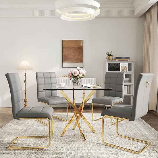 AF ARTISAN FURNITURE 5 Piece Square Glass Dining Table Set, Gold Glass Kitchen Table Set for 4 Modern Table Set with 4 Grey PU Upholstered Dining Chairs, for Small Space, Breakfast Nook