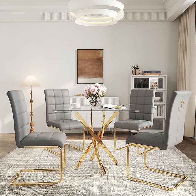 AF ARTISAN FURNITURE 5 Piece Square Glass Dining Table Set, Gold Glass Kitchen Table Set for 4 Modern Table Set with 4 Grey PU Upholstered Dining Chairs, for Small Space, Breakfast Nook