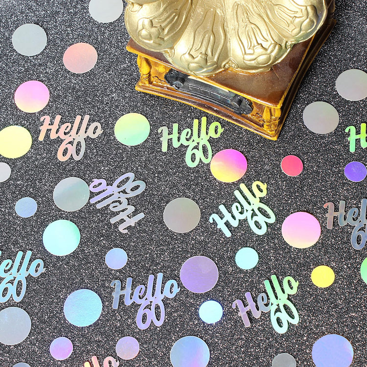 Hello 60 Birthday Confetti for Table Iridescent 60th Birthday Party Decorations for Women Sixty Years Old Happy Birthday Tables Scatter Circle Dots Party Confetti Anniversary Decor 300PC (230 Count)