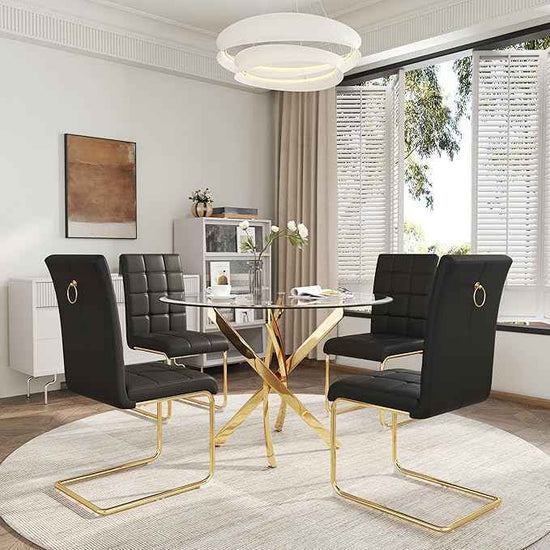 AF ARTISAN FURNITURE 5 Piece Round Glass Dining Table Set, Gold Glass Kitchen Table Set for 4 Modern Table Set with 4 Black PU Upholstered Dining Chairs, for Small Space, Breakfast Nook