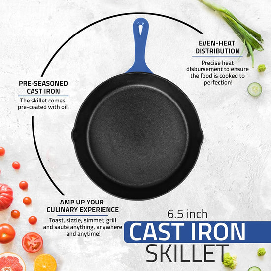 Utopia Kitchen Skillet 6.5 Inch, Cast Iron Chefs Pan, Pre Seasoned Skillet, Safe Grill Cookware for Indoor & Outdoor Use, Blue - Nestoria