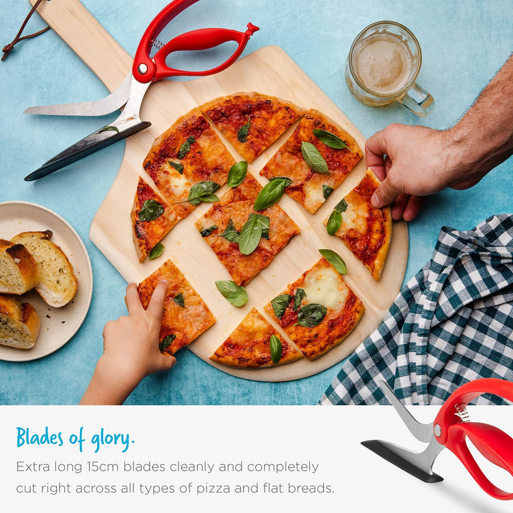 Scizza 2-In-1 Easy Ergonomic Pizza Scissors with Stainless Steel Pizza Cutter Blades & Non-Stick Slice Server - Red
