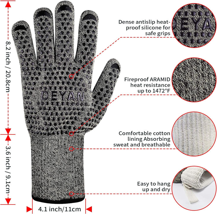 BBQ Grill Gloves, 1472℉ Heat Resistant Oven Gloves, High Temp Resistance Fireproof Glove, Kitchen Hotproof Cooking Mitts for Grilling, Smoking, Baking, Frying