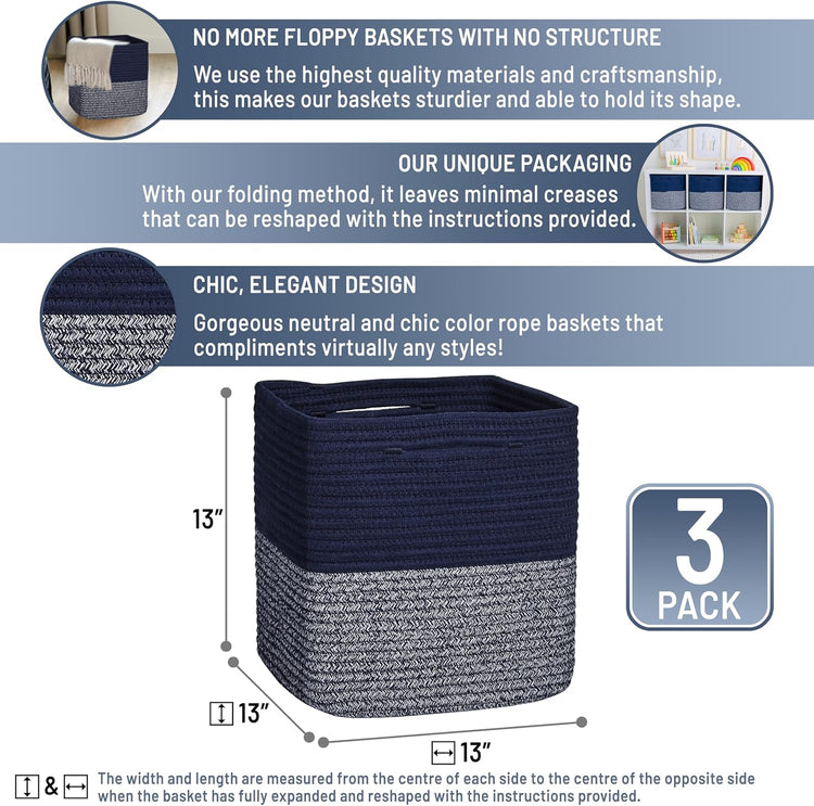NaturalCozy 13 Inch Cube Storage Bins Cotton Rope Woven Baskets for Organizing 3-Pack | 13 x 13 Storage Cubes | Fabric Square Storage Baskets for Shelves Organizer, Kids Toy Bins, Closet Baby Nursery