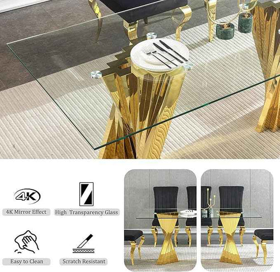 94" Modern Glass Gold Dining Table for 8-10, Luxury Kitchen Table with Tempered Glass Top & Mirror Finish Stainless Steel Base, Large Dinner Pedestal Tables for Home Banquet Hall Room, Only Table