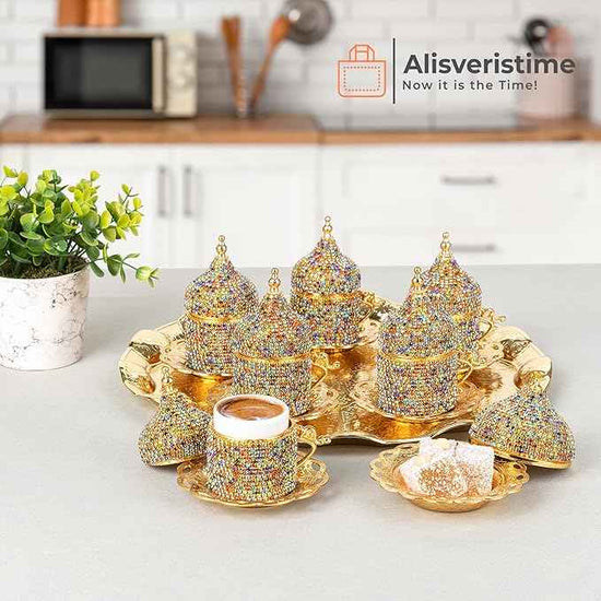 Alisveristime Crystal Embellished Turkish Coffee Set – 27 Pieces – Decorative Zamac Espresso Cups, Saucers and Sugar Bowl with Tray – Available in Three Color Variations (Multi)