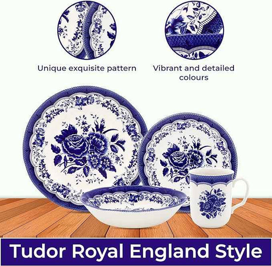 Tudor Royal 24-Piece Porcelain Round Dinnerware Set, Service for 6, Victoria Blue Design, Blue Floral, Plates Bowls Mugs Dishes, Glossy, Premium Quality Tableware, Unique Pattern