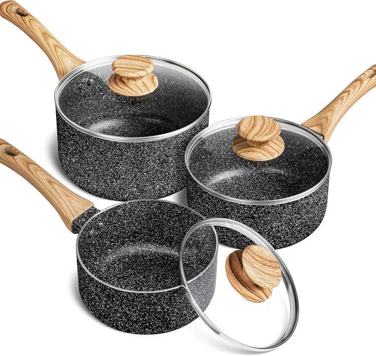 MICHELANGELO Saucepan Set with Lid, Nonstick Sauce Pan with Lid 1QT, 2QT & 3QT, Stone Saucepan Sets, Small Sauce Pot with Lid, Granite Sauce pan 3 Piece, Sauce Pots, Black - Nestoria