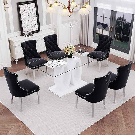63" Glass Dining Table Set for 6, 7-Piece Rectangular Kitchen Table with Tempered Glass Top, White Double O-Shaped MDF Base, and 6 Black Velvet Upholstered Chairs for Dining Room, Living Room, Office