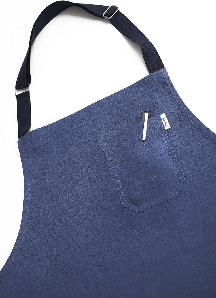 Solino Home Linen Kitchen Apron for Men & Women - 100% Pure Linen Blue/Navy Bib Apron with Front Pockets - Handcrafted from European Flax