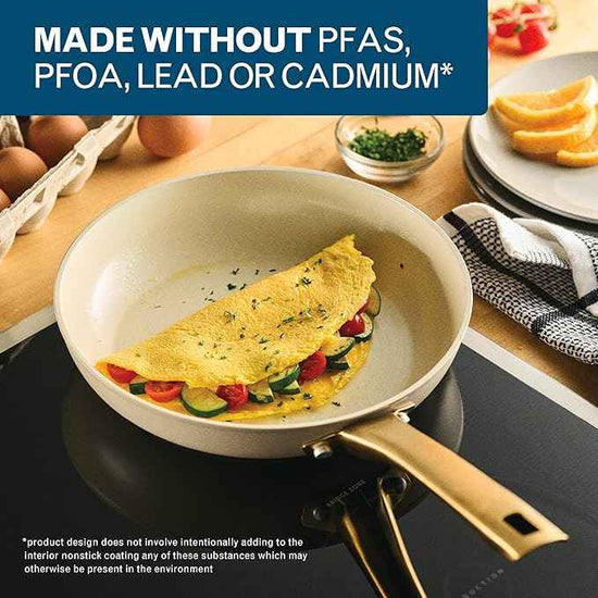 Farberware Forged Induction Ceramic Nonstick Pots and Pans Set with Cooking Tools, Dishwasher Safe, Gold Color Stainless Steel Handles, 12 Piece Cookware Set - Taupe