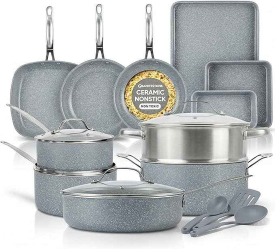 Granitestone Ceraluxe 20 Pc Ceramic Cookware Set Nonstick, Complete Pots and Pans Set Non Stick for Kitchen with Bakeware, Utensils & Steamer, Non Toxic Made Without PFOA PFOS, Oven & Dishwasher Safe