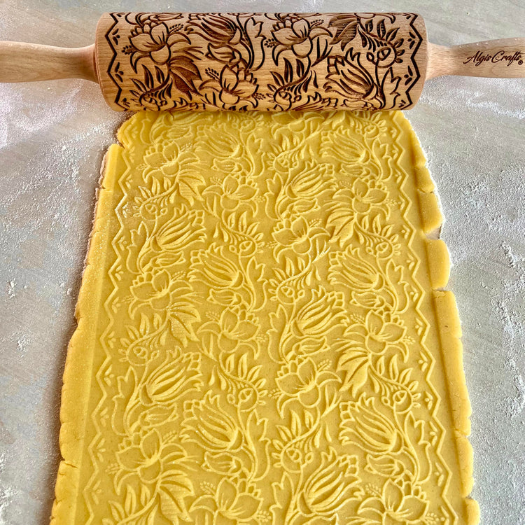 Embossing Rolling Pin GOLDEN DAISIES with Ornamental Bloom Pattern