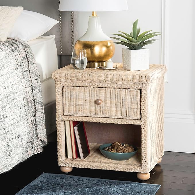 Safavieh Home Collection Adira Natural White Wash Wicker 1-Drawer Nightstand, Normal (SEA8002A)